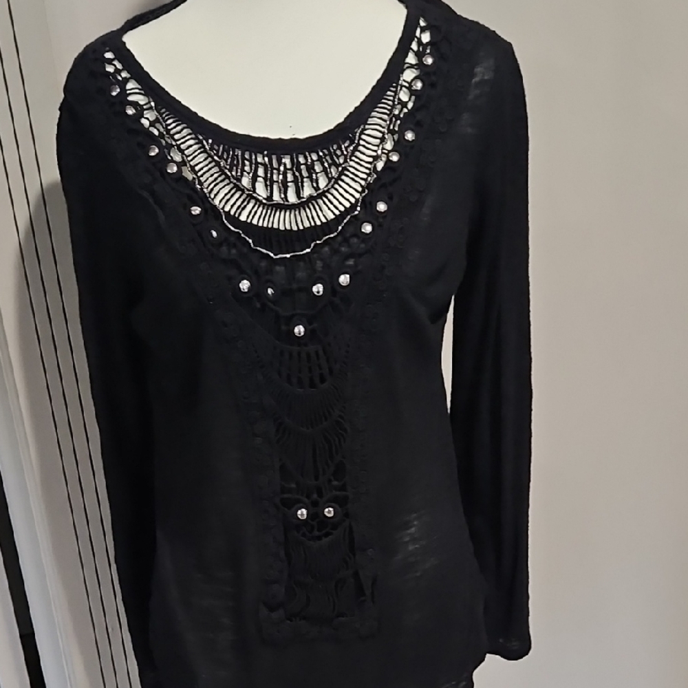 Elegant Black Crochet Detail Women's Top